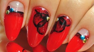 Nail Art Red Nails and Black Flowers [upl. by Acimaj]