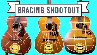 Acoustic Guitar Bracing Shootout X Bracing vs Fan Bracing vs Ladder Bracing [upl. by Treborsemaj]