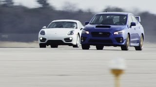 2015 Subaru WRX STI vs 2014 Porsche Cayman  STANDING MILE [upl. by Nosle]