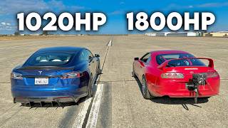 1800hp Toyota Supra vs Tesla Model S Plaid DRAG RACE [upl. by Blakelee400]