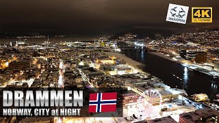 Drammen Norway city at night 2024  drone flight 4k [upl. by Nola]