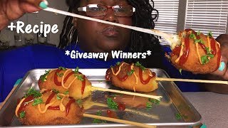 GIANT MOZZARELLA CHEESESTEAK CORN DOGS 먹방 MUKBANG  RECIPE GIVEAWAY WINNERS [upl. by Dnalro]