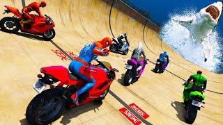 Spiderman and Friends Superheroes  Cars and Motorcycles Ragdoll with Hungry Sharks Over Sea [upl. by Zeke]