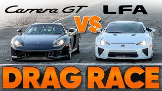 The Worlds BestSounding Drag Race Lexus LFA vs Porsche Carrera GT vs Audi RS3 — w Jason Cammisa [upl. by Isabea]