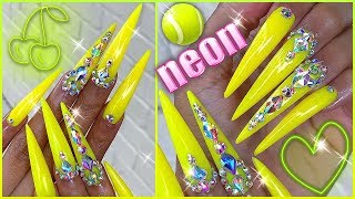 🎾 Doing My Nails w Polygel EXTRA LONG NEON BLING STILETTO  Madam Glam 🎾 [upl. by Roche350]