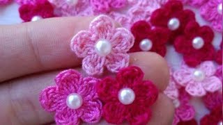 Simple crochet 5 petals flower tutorial for beginners  DIY 3d crochet flower with Pearl [upl. by Comyns]