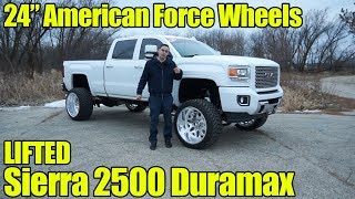 LIFTED GMC Sierra 2500 Denali Duramax with 24 inch American Force Wheels [upl. by Tamis]