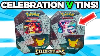 Opening Pokemon Celebrations Lances Charizard V amp Dark Sylveon V Tins EXCLUSIVE [upl. by Epilef]