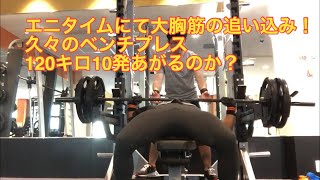 エニタイムでベンチプレス１２０キロ１０発に挑戦！減量中の使用重量は？ [upl. by Hammock]