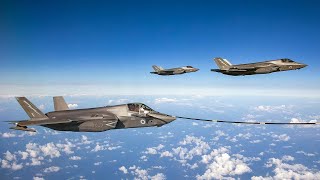 UK and USMC F35 jets conduct airair refuelling while flying from HMS Queen Elizabeth [upl. by Aryad]