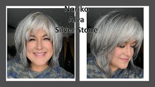 Noriko ALVA in Silver Stone  WIG REVIEW  Grey bob with bangs basic cap professional hair [upl. by Akibma390]