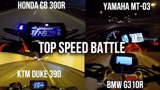 Honda CB 300R vs Yamaha MT03 vs Ktm Duke 390 vs Bmw G310R Top Speed Comparison Velocidad Máxima [upl. by Nanyk559]