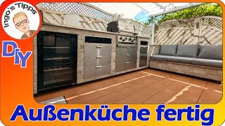 Grillküche selber bauen Edelstahl Fliesen Metallkonstruktion mit Lounge und Ablage  IngosTipps [upl. by Trueman]