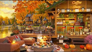 Relaxing October Autumn Thanksgiving at Cozy Coffee Shop Ambience🍂Smooth Jazz Music w Fireplace [upl. by Ielirol]