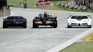 Batmobile 1966 vs Bugatti Centodieci vs Bugatti La Voiture Noire at Old SPA [upl. by Archibald]