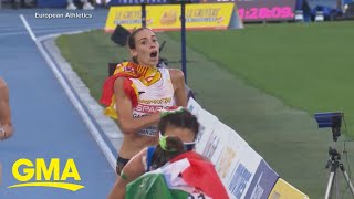 Race walker loses by celebrating too early [upl. by Ahseekat]