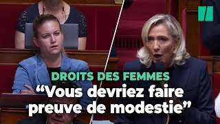 Attaquée par Panot sur les droits des femmes Le Pen la renvoie à ses « amitiés » avec le Hamas [upl. by Anairt]