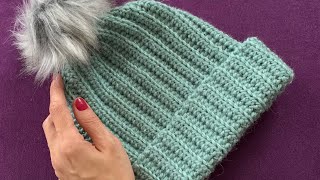 Tığişi Lastik Kolay Bere Easy Crochet Ribbed Hat [upl. by Akinar546]