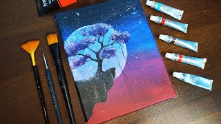 Cómo Pintar un Paisaje de Bosque y Luna  Técnicas de Pintura Acrílica Fácil [upl. by Laddie]