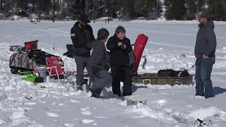 North Shore Lodge hosts an ice fishing tournament on Warm Lake [upl. by Leagiba]