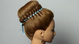 Braided hairstyle for long hair with 4 strand ribbon braid Bun updo [upl. by Akeinahs]