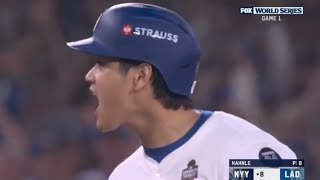 Shohei Ohtani doubles off wall and takes 3rd base as throw gets away World Series game 1 [upl. by Aicak]