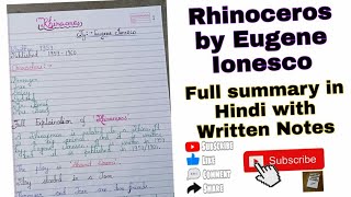 Rhinoceros by Eugene Ionesco Full summary in Hindi with written notes vbu 2022 full details [upl. by Seditsira]