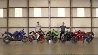 Honda CBR300R vs Kawasaki Ninja 400 vs KTM RC390 vs Suzuki GSX250R vs Yamaha YZFR3  On Two Wheels [upl. by Yusem128]