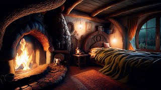 Cozy Hobbit Bedroom  Relaxing Fireplace with Soothing Rainfall Sounds  rain on roof  Deep Sleep [upl. by Sivi]