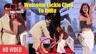 Shilpa Shetty Touchs Jackie Chan Feet  Kung Fu Yoga Promotions In India [upl. by Marlen614]