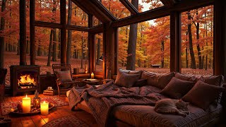 Cozy Autumn Cabin Ambience in the Woods 🍂 Jazz Music amp Fireplace Sounds for Peaceful Sleep [upl. by Hayyifas]