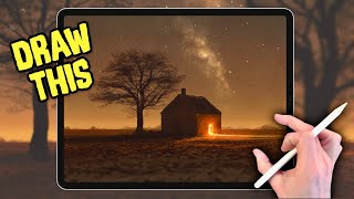 EASY PROCREATE Landscape DRAWING Tutorial in EASY Steps  Night Barn [upl. by Sylvan]