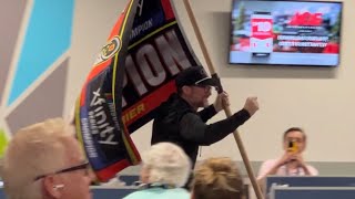 Dale Earnhardt Jr Runs into Media Center with Championship Flag quotWere Going Full Throttlequot [upl. by Neelia777]