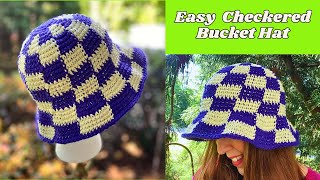 Easy Crochet Checkered Bucket Hat Tutorial Uses Beginner Stitches [upl. by Vaughn732]