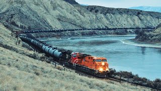 Canadian Trains In The Thompson Canyon BCRAIL Special Orange CP Hapag Lloyd Unit and Wildlife [upl. by Cherise]