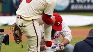 Jason Kelce signs Bryce Harper’s cleats after Eagles legend threw out 1st pitch at Phillies via MLB [upl. by Leifer]