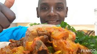 FRIED PORK STEWASMR MUKBANGBROWN FUFUBROWN POSHOEATING SHOWSTYLE RIBSFATBACKBARBECUEUGALI [upl. by Savadove]