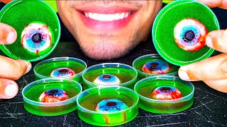 ASMR GUMMY EYEBALLS PETRI DISH GREEN APPLE EATING JERRY CHEWY HALLOWEEN CANDY [upl. by Ginevra]