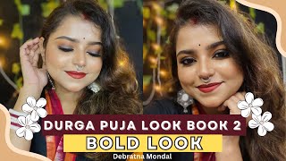 Durga Puja look book 2🌸 Bold Lookwith Smokey Eyes And Red Lips😍 Flawless Base with Concealer🤩 [upl. by Aklog]