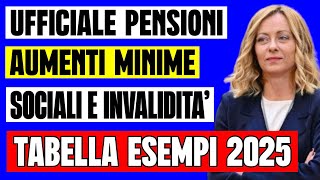 PENSIONI AUMENTI 2025 MINIME e SOCIALI INVALIDI 👉 ESEMPI TABELLE CON IMPORTI E PERCENTUALE [upl. by Edobalo]