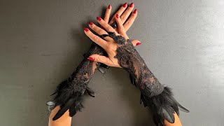 Elevate Your Style🖤🌿 Elegant Lace Fingerless Gloves with Feather Accents [upl. by Nimzaj]