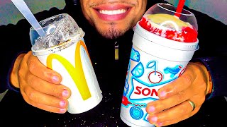 ASMR MCDONALDS VS SONIC DRIVE IN OREO MCFLURRY ICE CREAM SLUSHIE MUKBAN EATING CANDY JERRY NO TALK [upl. by Arhoz]