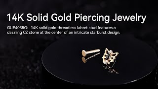 14K Solid Gold Starburst Design Threadless Labret Stud with CZ Stone [upl. by Azarria]